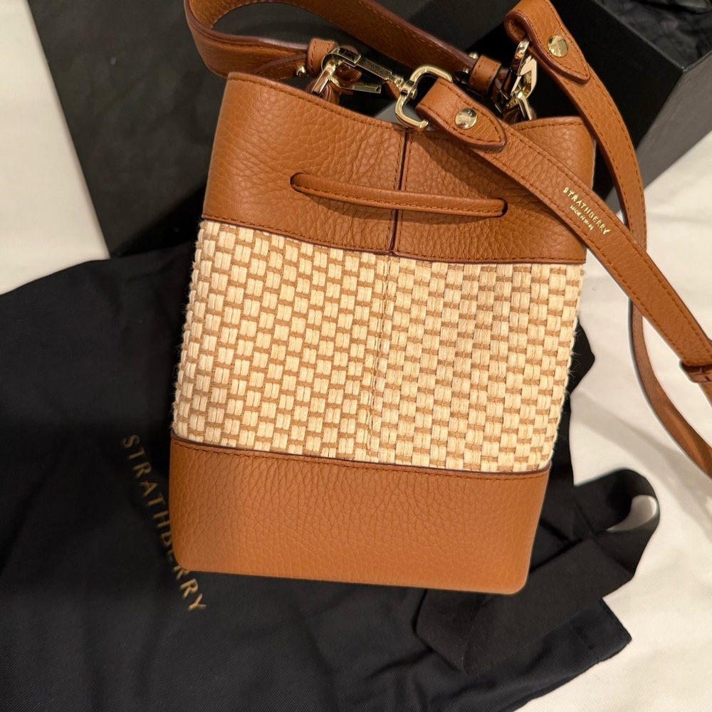 STRATHBERRY Lana Osette Bag Cotton Raffia Leather Tan Brown Shoulder Gold EUC - Picture 6 of 14